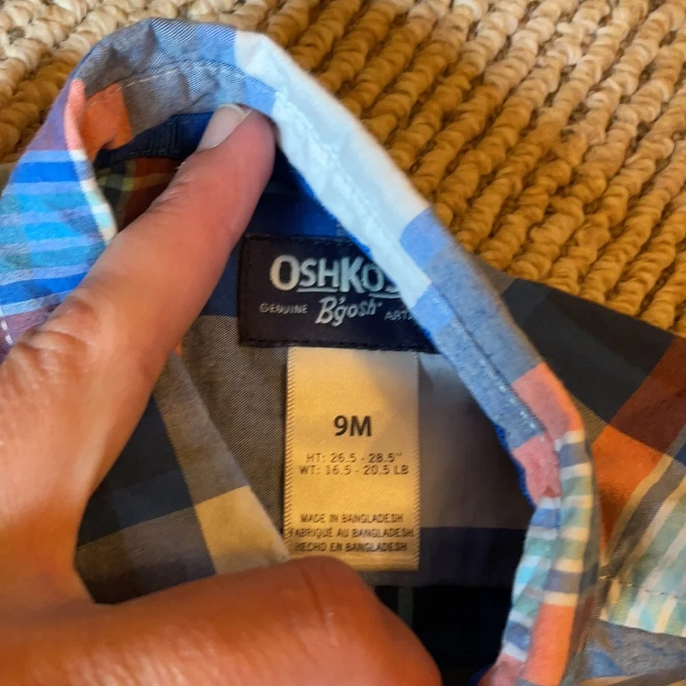 Oshkosh blue white and peach plaid shirt